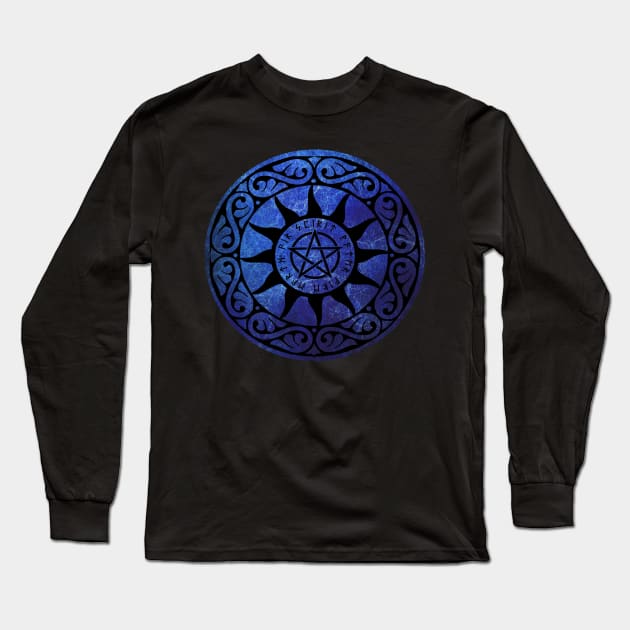 Five Elements Runic Magical Pentacle -  Blue Version Long Sleeve T-Shirt by sarahwainwright